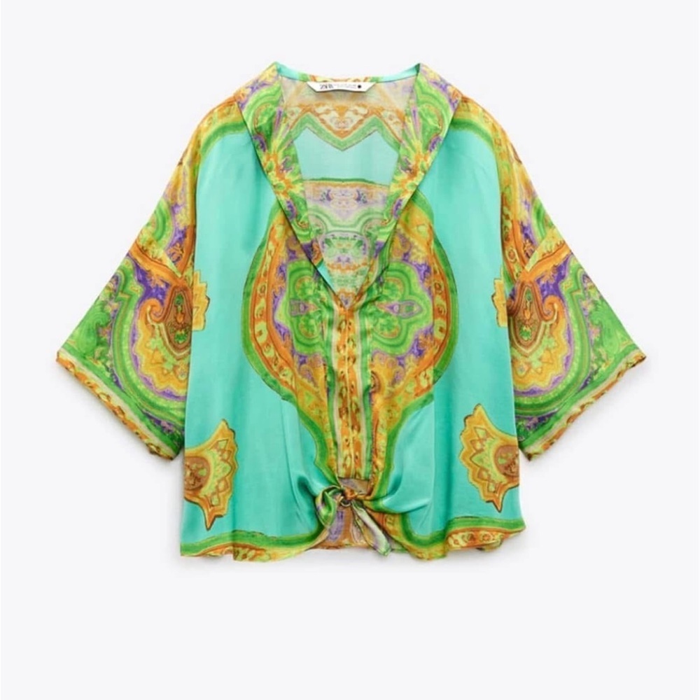 NWT Zara Green MULTICOLORED Flowing Viscose Print Shirt top Sz‎ S